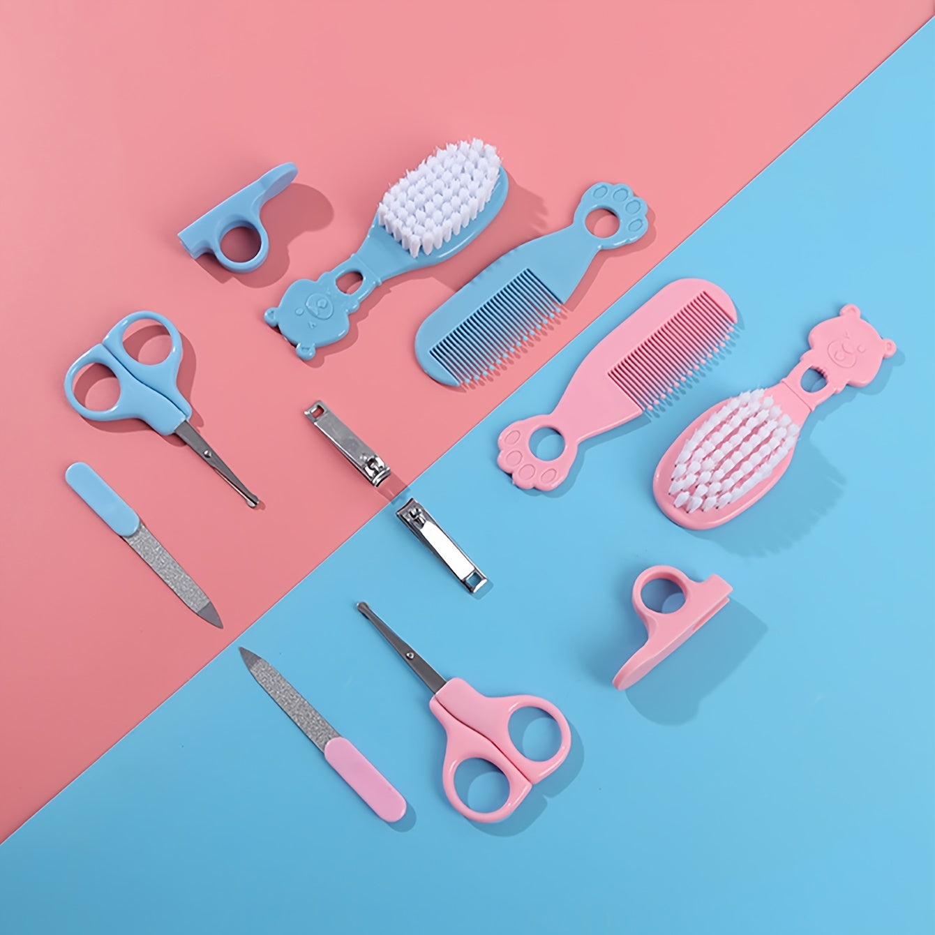 Juego de 6 artículos de cuidado para bebés en una caja con peine, cortaúñas, tijeras, lima de uñas y cepillo