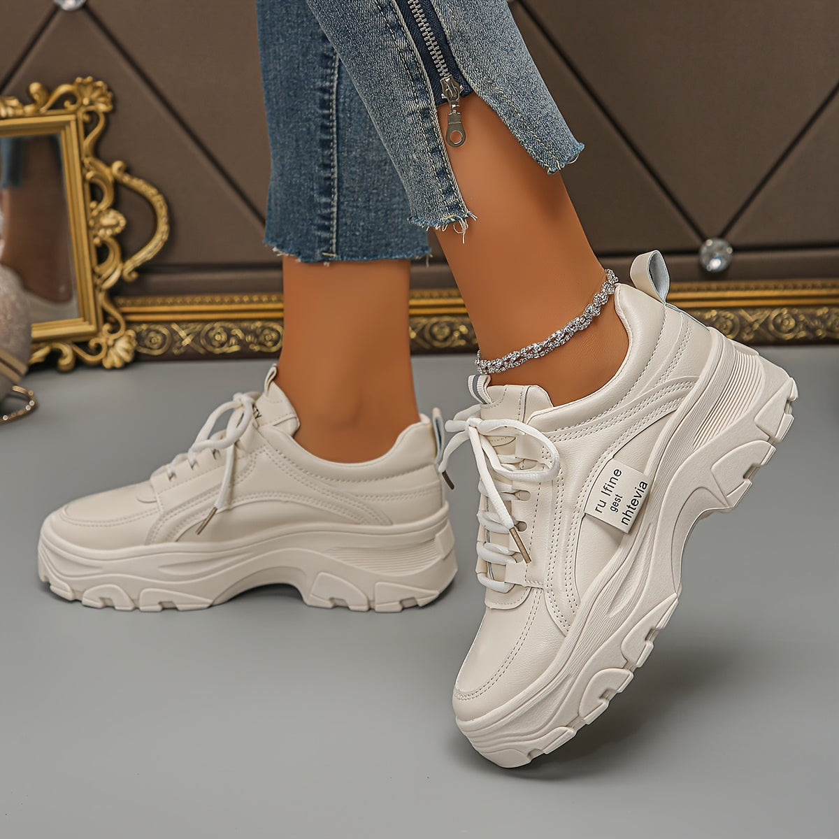 Women's White Casual Sneakers With Thick Sole and Rubber Outsole