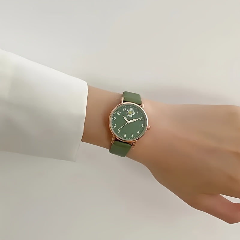 Women's Daisy Design Watch and Charm Bracelet Set with Faux Leather Strap and Digital Display