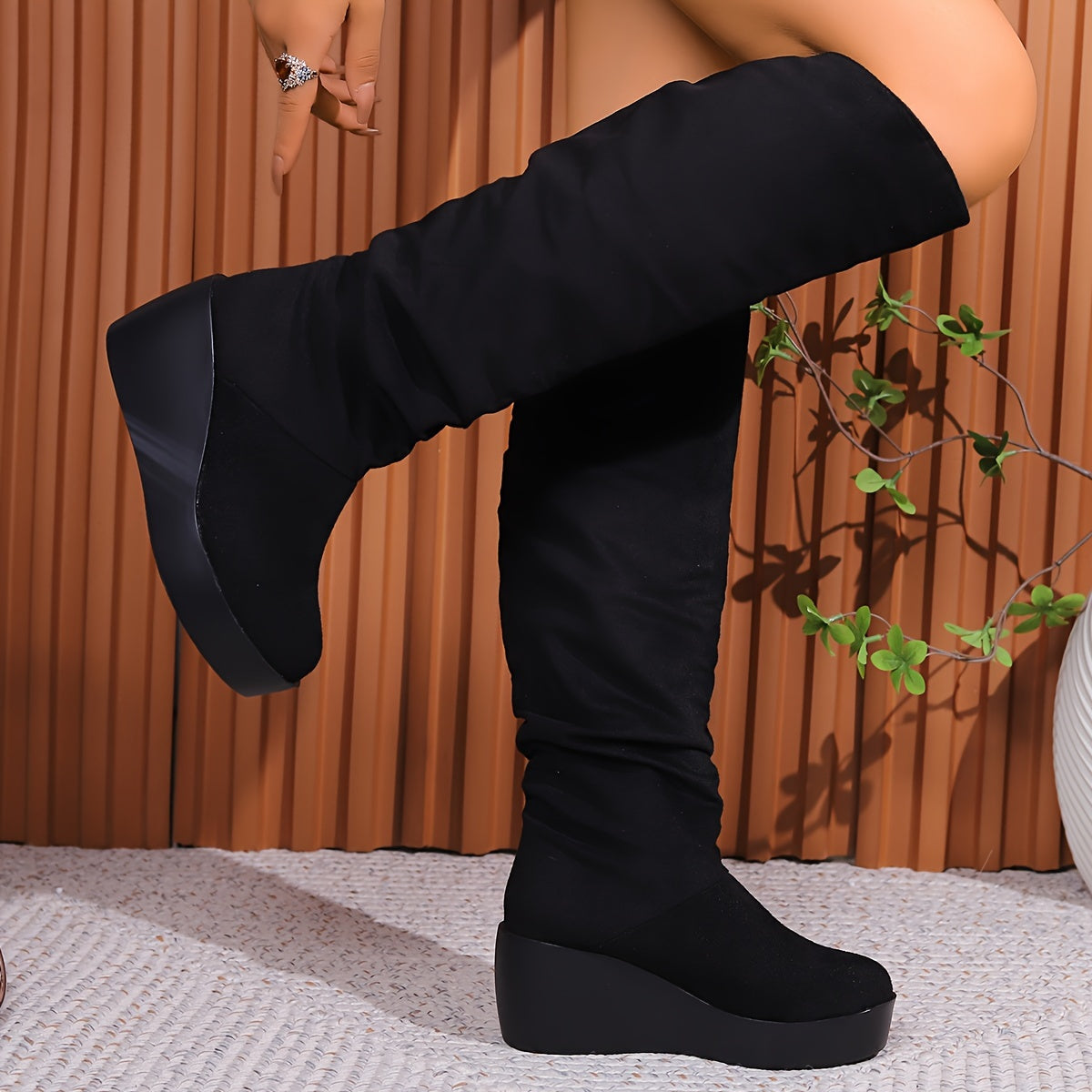 Women's Black Knee-High Wedge Boots with Slip-On Thick Sole