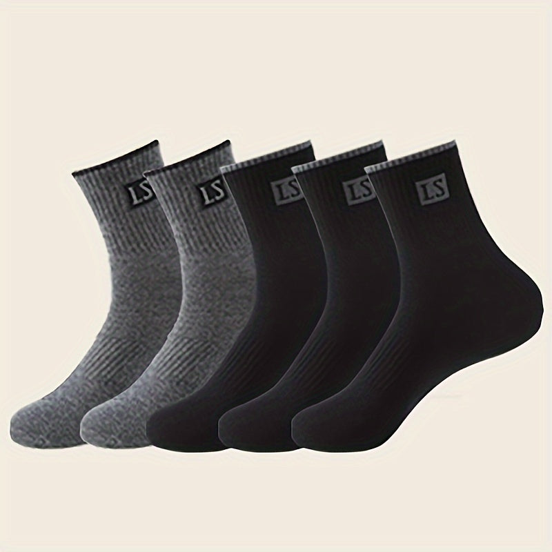 Men's Solid Crew Socks 5 Pairs Breathable Knit Polyester for Outdoor Wear