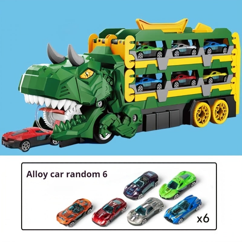 Dinosaur Transformation Transport Track Toy with Car Swallowing Feature and 56-Inch Dual Race Track for Ages 3+