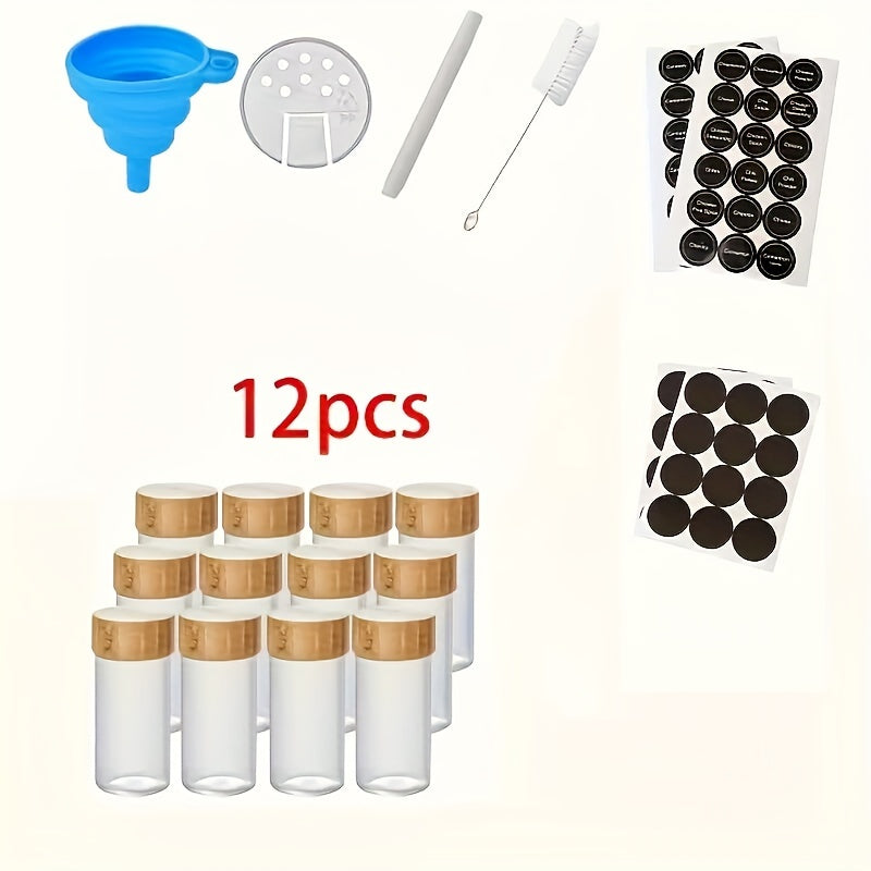 Set of 12 or 24 Glass Spice Bottles with Labels, Airtight Bamboo Lids