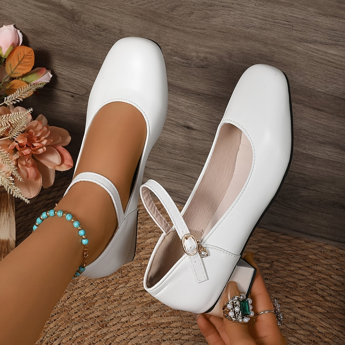 Women’s Black Mid-Heel Pumps with Ankle Strap and Rubber Sole