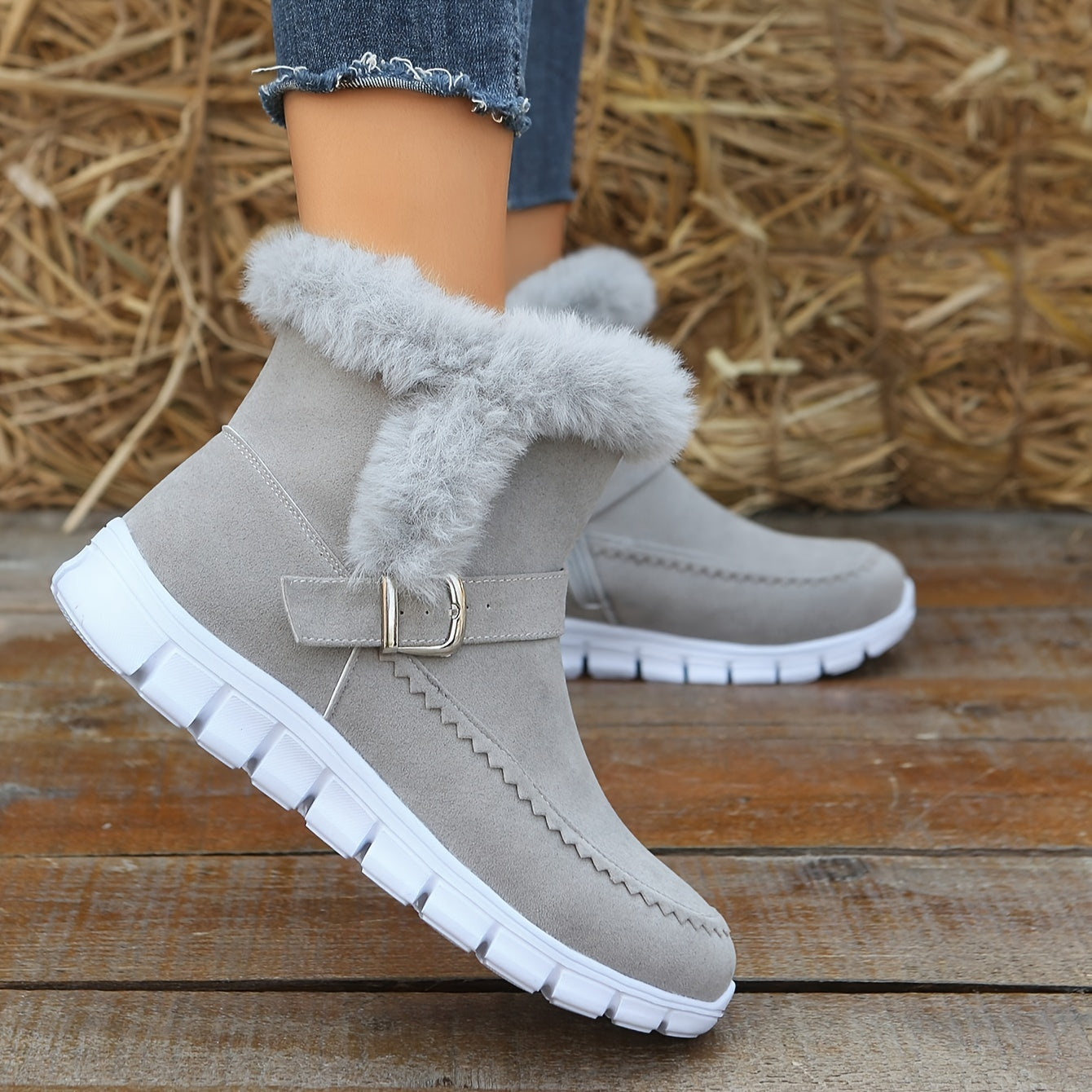 Women's Faux Fur-Lined Winter Snow Boots Thick Sole Gray Fabric