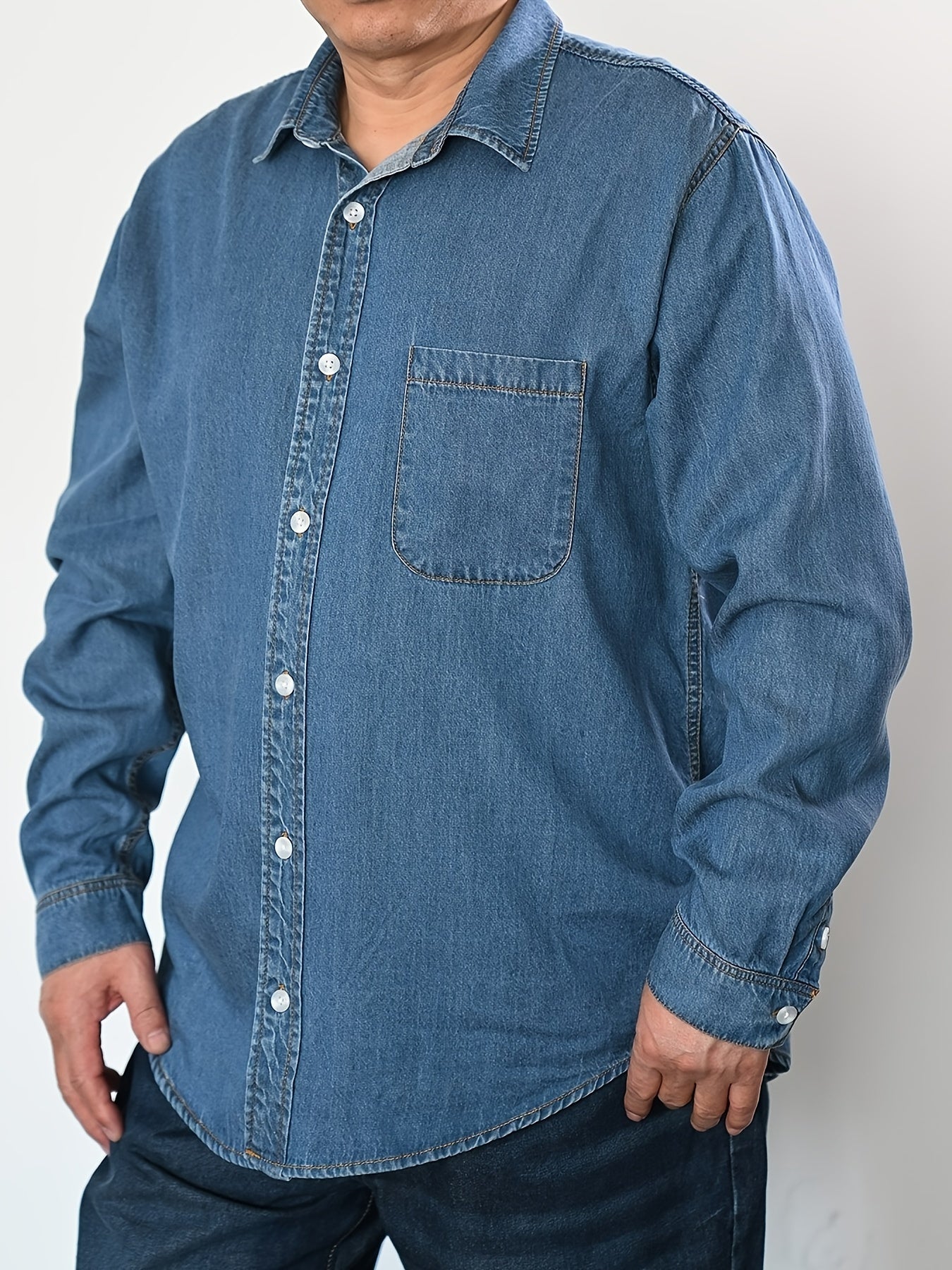 Men's Plus Size Denim Shirt Casual Woven Solid Color Button-Front Breathable Spring Fall Outdoor