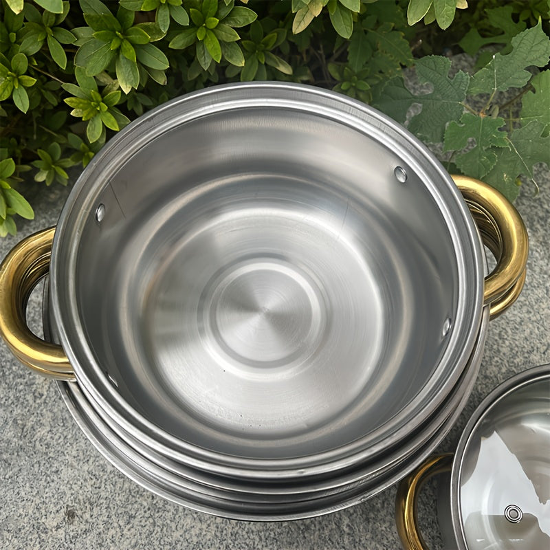 Olla de sopa de acero inoxidable con doble asa para cocinas de inducción, antiadherente y fácil de limpiar