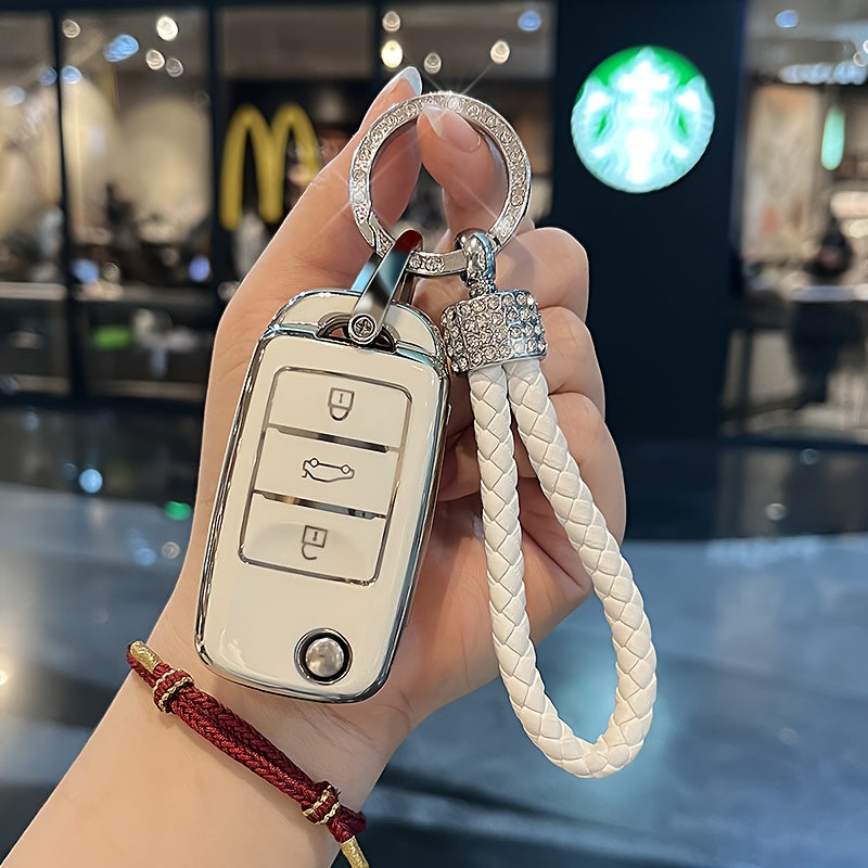 Universal TPU Car Key Cover Protector with Diamond Woven Keychain Black