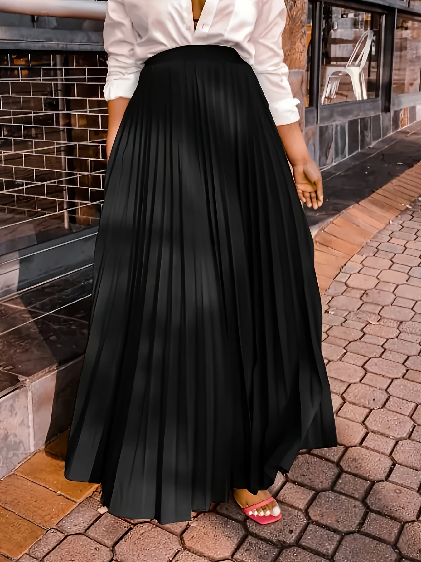 Plus Size Pleated Maxi Skirt Elastic Waist Solid Polyester Casual for Women