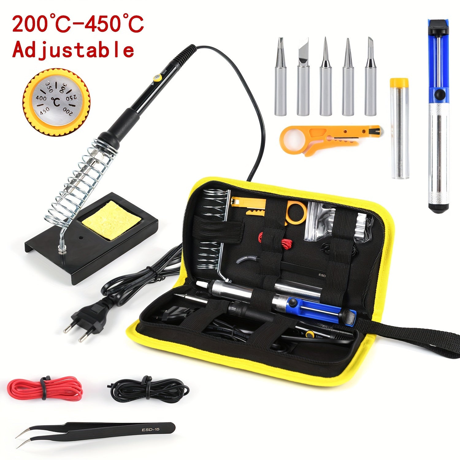 60W Adjustable Temperature Soldering Iron Kit with 15 Tips Desoldering Pump and Ceramic Heating Element for DIY Repairs in Red Blue Black