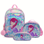Mermaid Themed School Bag Set for Girls 16 Inch Backpack Lunch Bag Pen Case