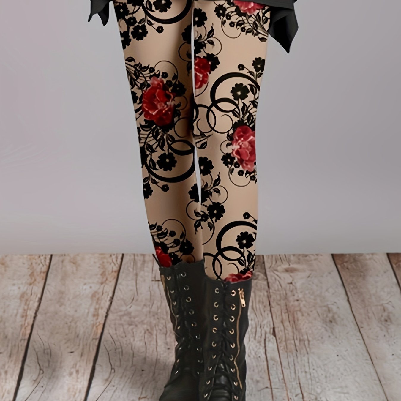 Plus Size Women's Floral Print Skinny Leggings Black Red All-Season Stretchy