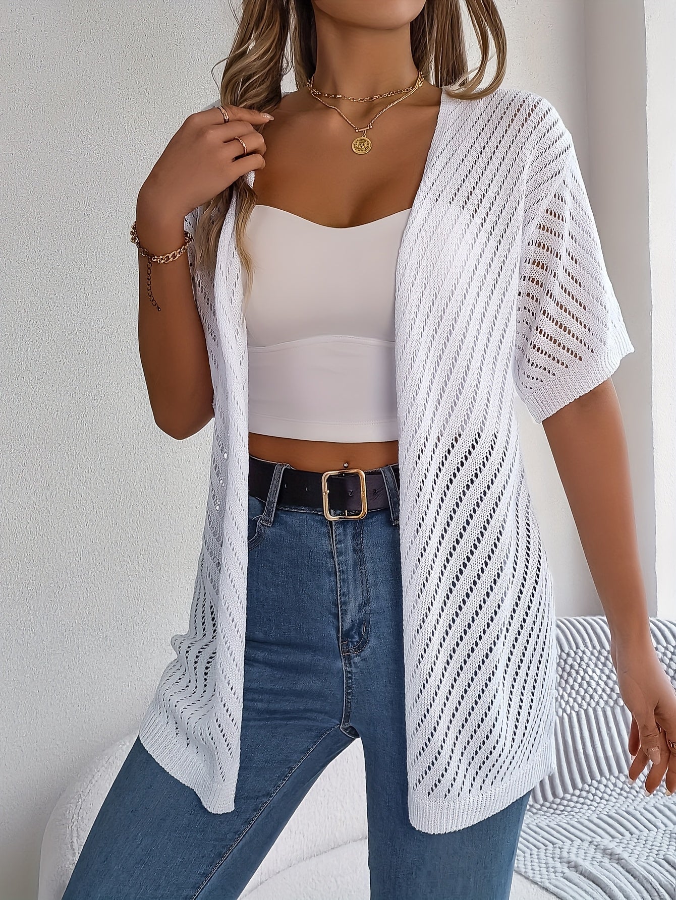 Plus Size Women's Semi-Sheer Open Front Lace Beach Cover-Up Lightweight Knitwear