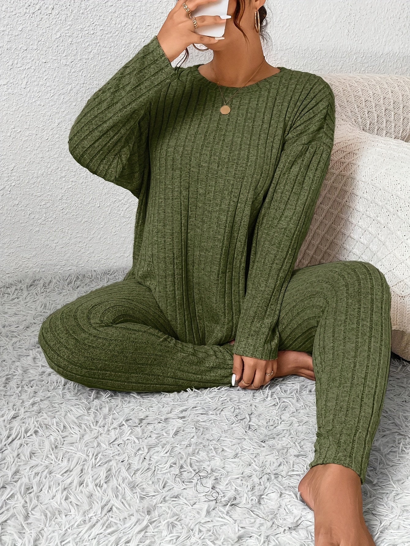 Women Long Sleeve Pajama Set Large Size Warm Slim Fit