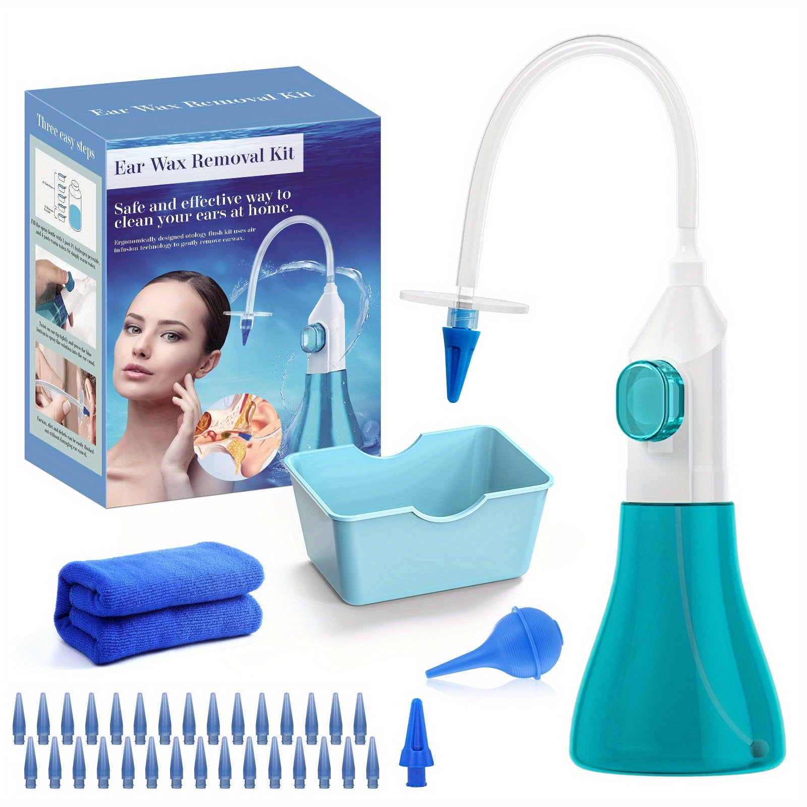 Ear Wax Removal Kit Manual Ear Irrigation Cleaner with Rinse Basin and 31 Reusable Tips