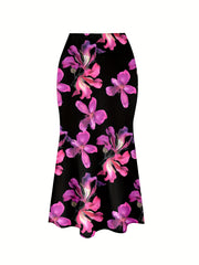 Plus Size Women's Floral Print Mermaid Skirt High Waist Knit Fabric