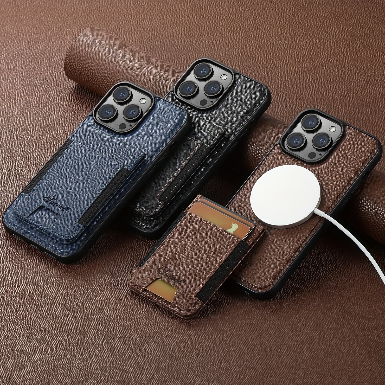 Искусственная кожаная магнитная беспроводная зарядка для телефона с держателем для карт и подставкой для iPhone 12-16 Pro Max