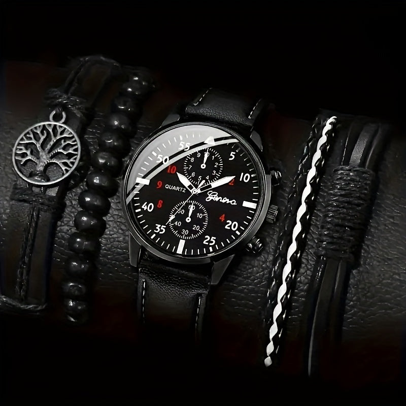 Set of 5 Men's Sporty Quartz Watches Round Dial Faux Leather Strap Beaded Tree of Life Bracelet Gift