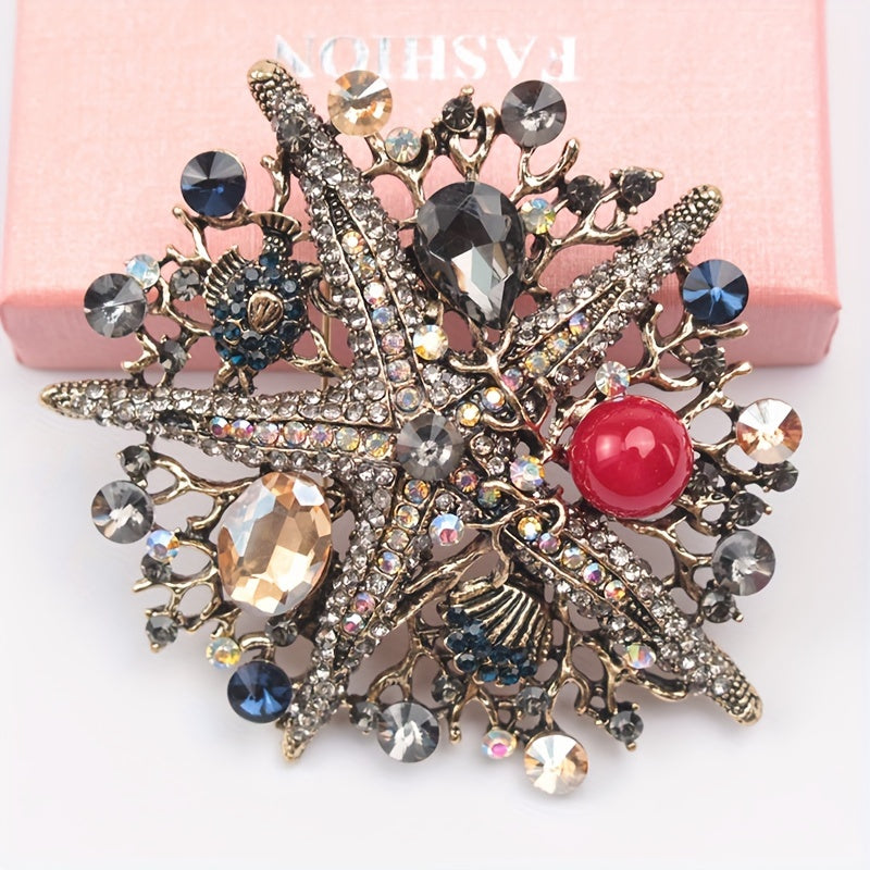 Ocean-Themed Starfish Rhinestone Brooch Pin with Faux Pearl Details for Women