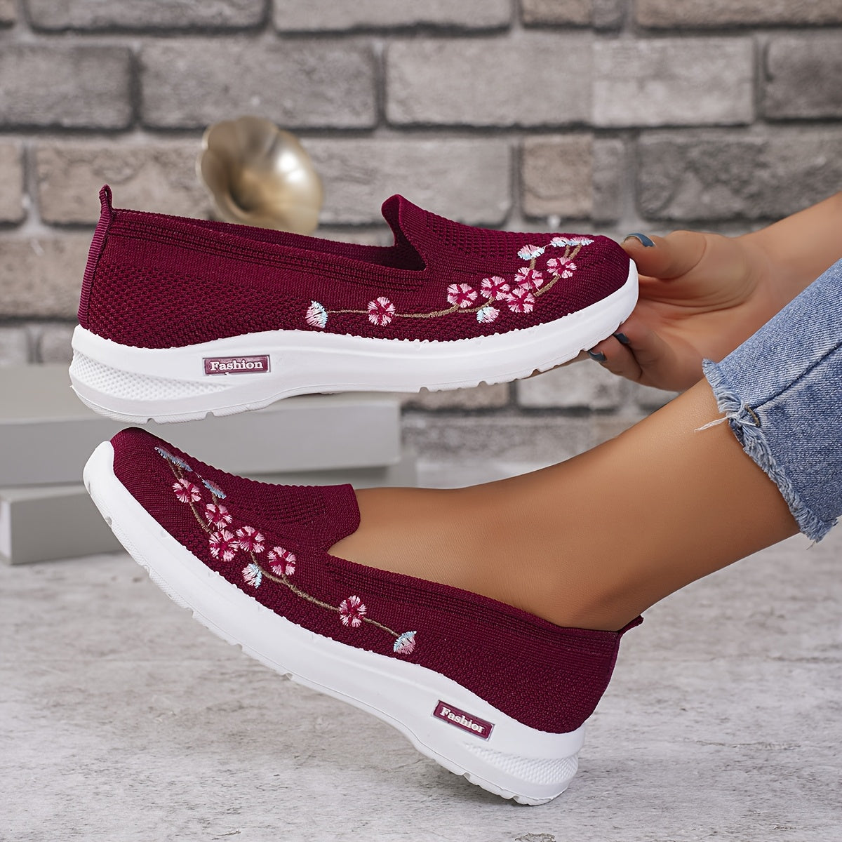 Women's Light Blue Slip-On Sneakers with Floral Embroidery for Summer Walks