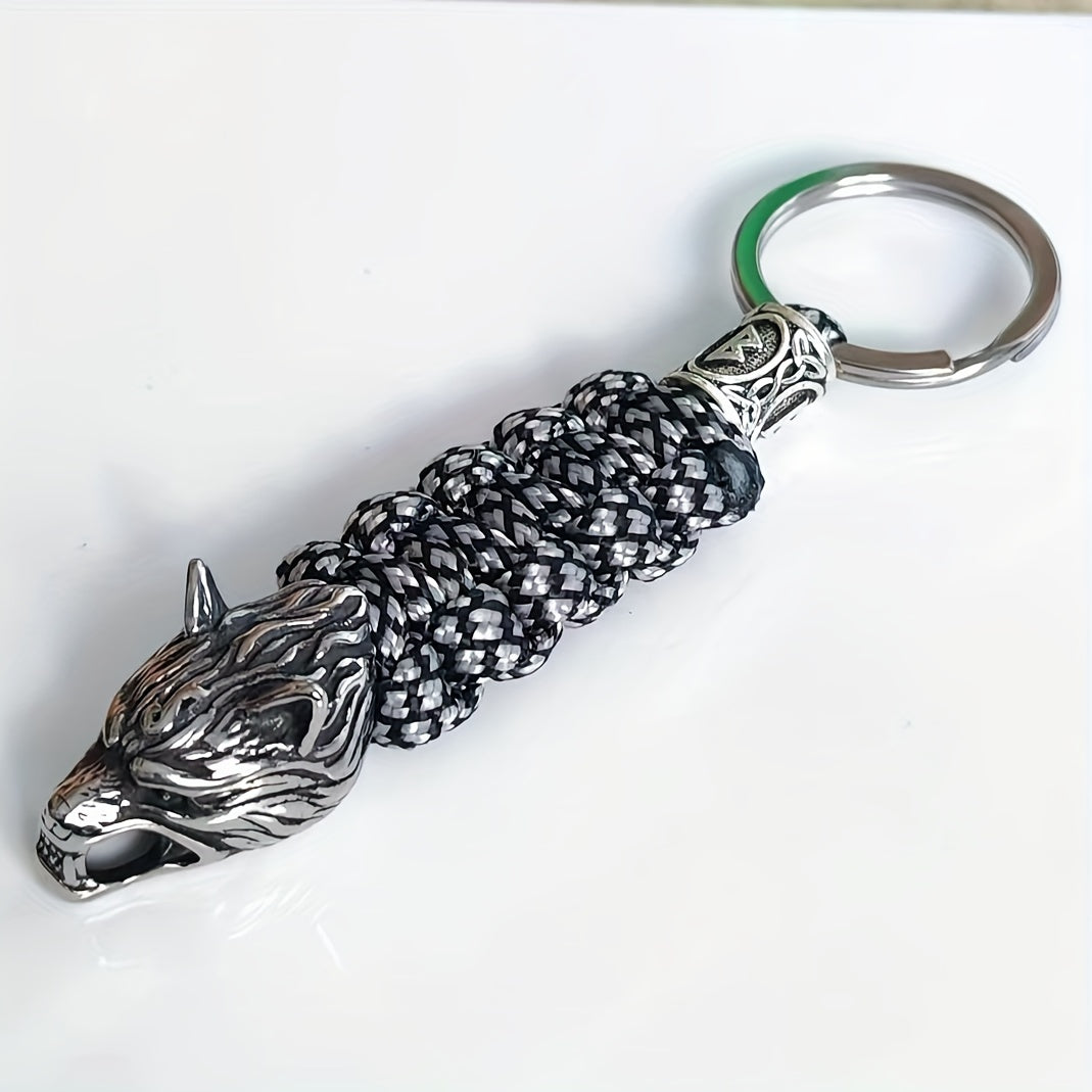 Мужской модный аксессуар: ключница с головой волка викинга из нержавеющей стали - ручное плетение из полиэстера, спортивный и стильный брелок