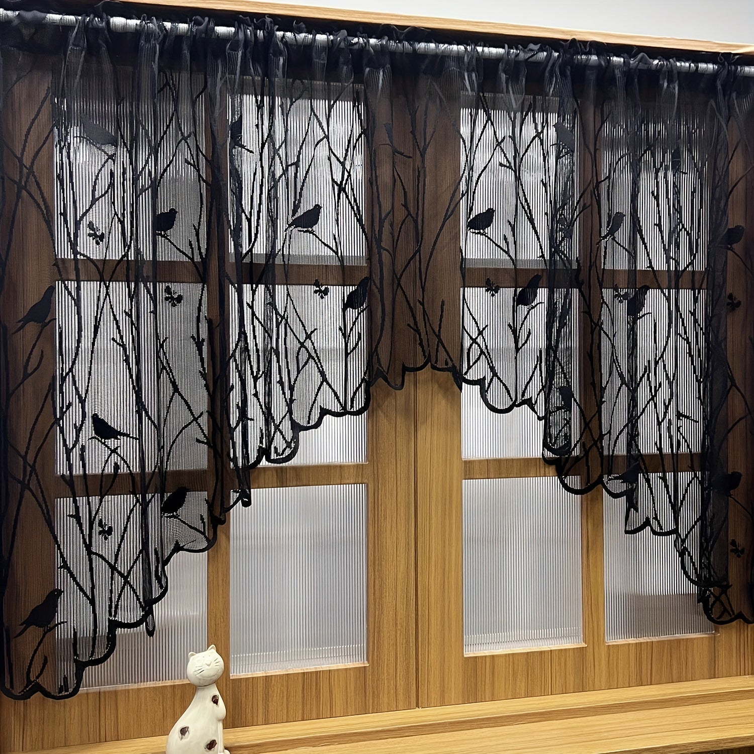 White And Black Lace Valance Curtains For Kitchen Or Dining Room Windows
