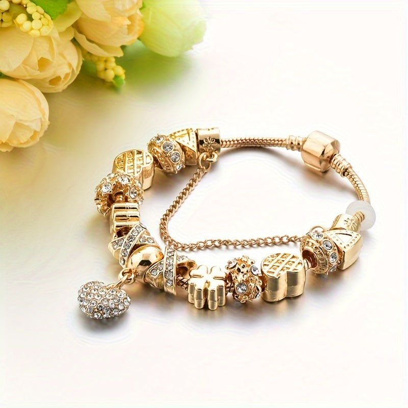 Gold Tone Heart Charm Bracelet with Rhinestones and Large Hole Beads