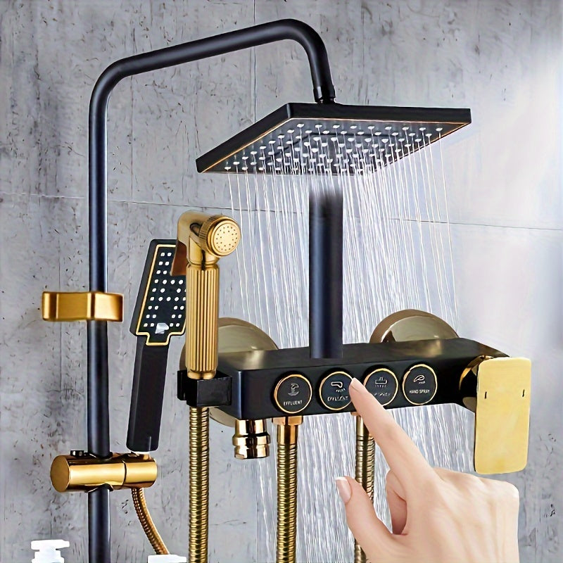 Black and Gold Bathroom Shower System with Rain Showerhead Handheld Tub Faucet and Mixer