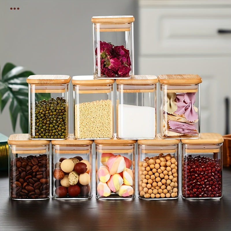 10-Piece Square Glass Spice Jars Set with Airtight Bamboo Lids and Measuring Spoons