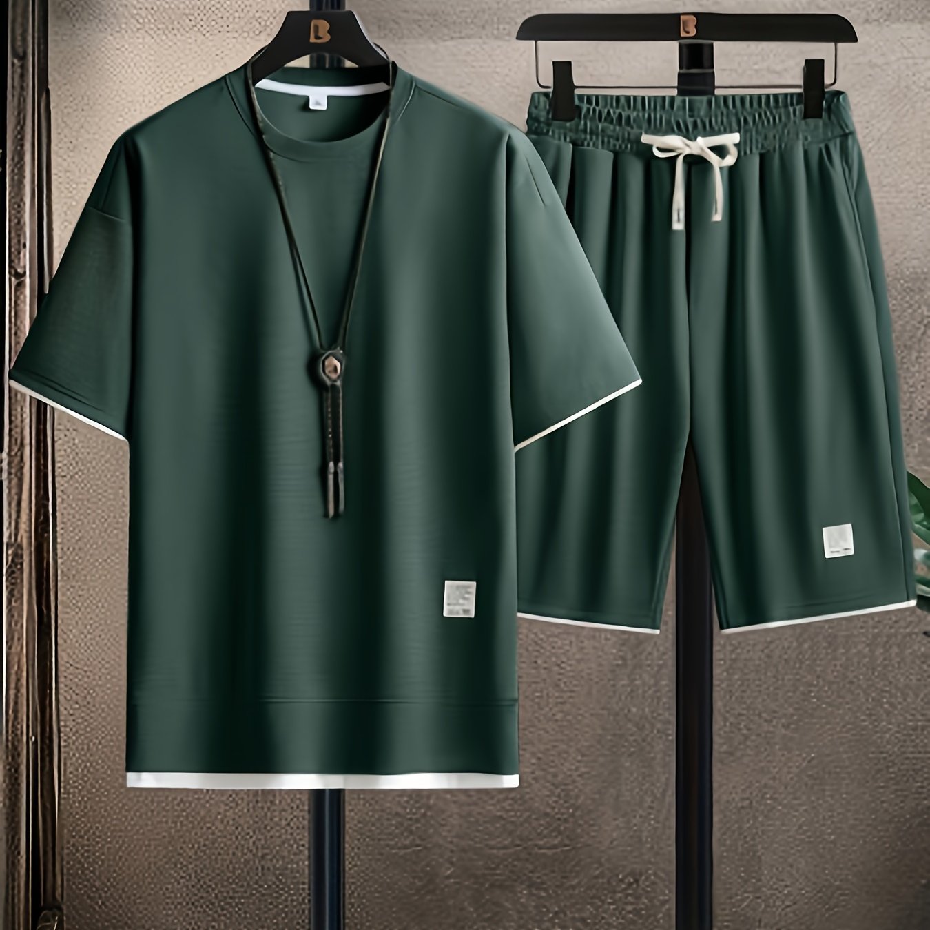 Men's Summer Casual Outfit T-Shirt and Shorts Set Crew Neck Patchwork Breathable Fabric