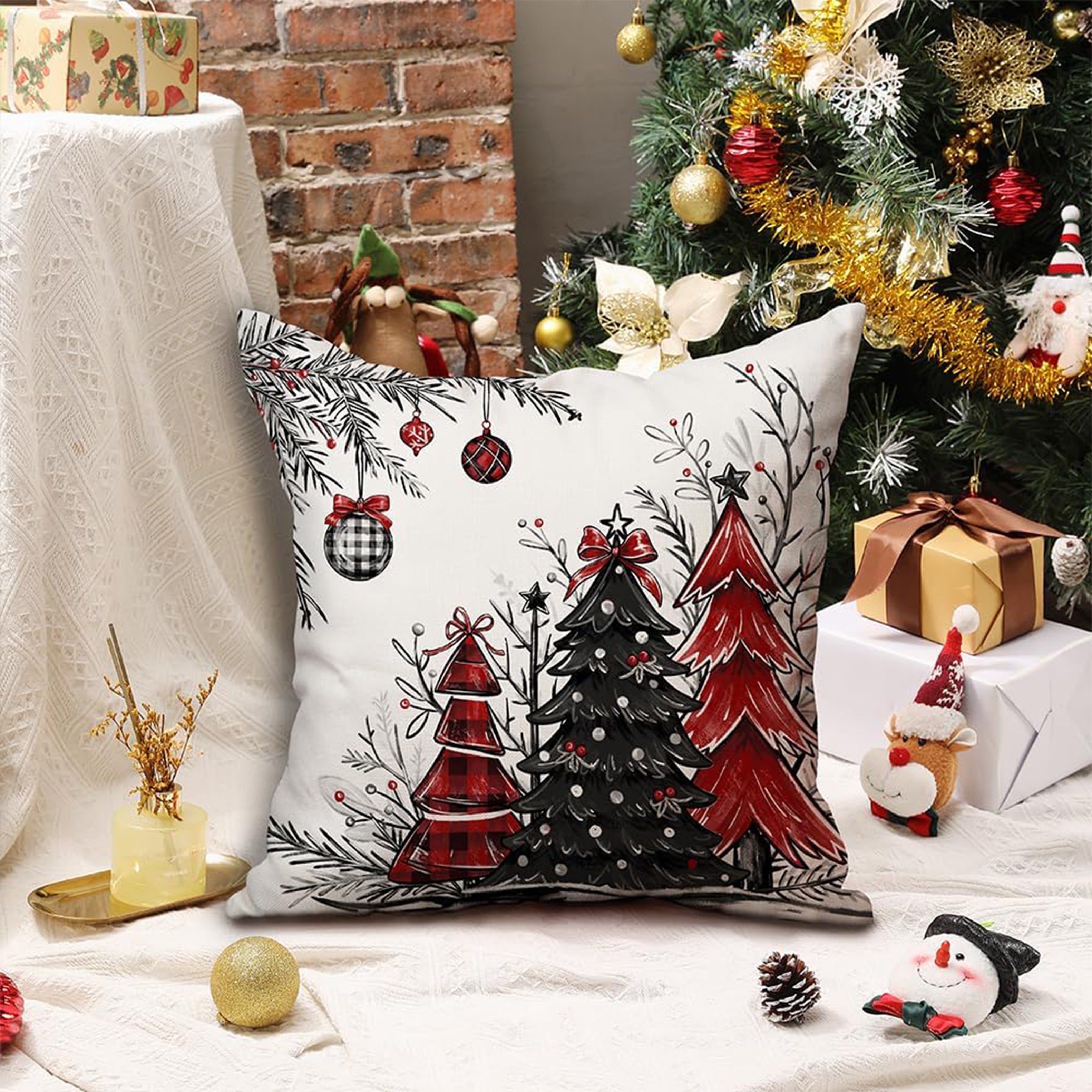 Festive Christmas Pillow Covers Set Red Black Trees Linen Blend 16x16 18x18 20x20