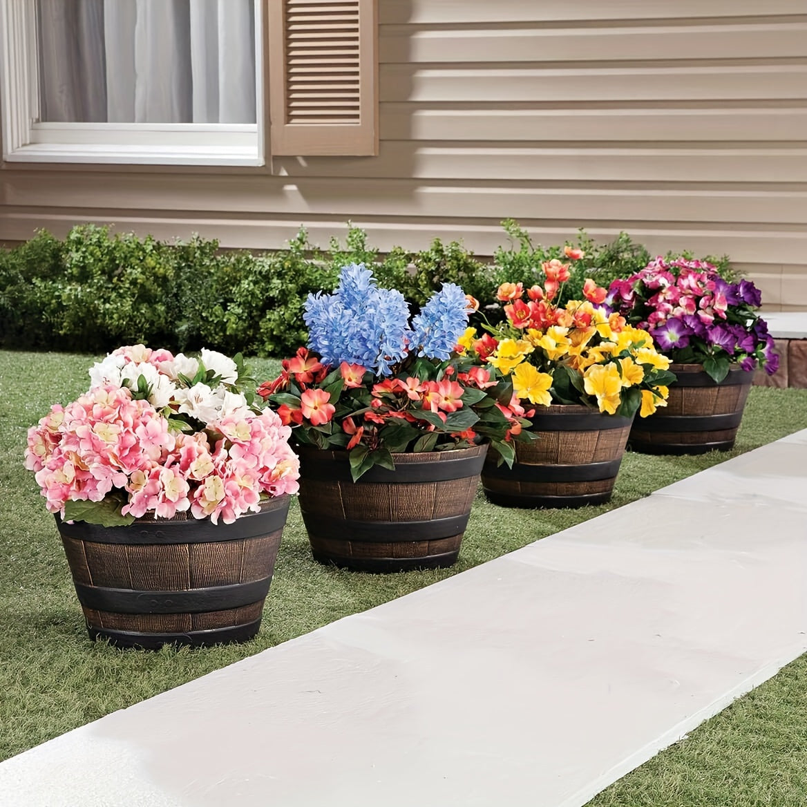 Set of 4 Plastic Flower Pots with Drainage Holes, Barrel Style, Indoor Outdoor