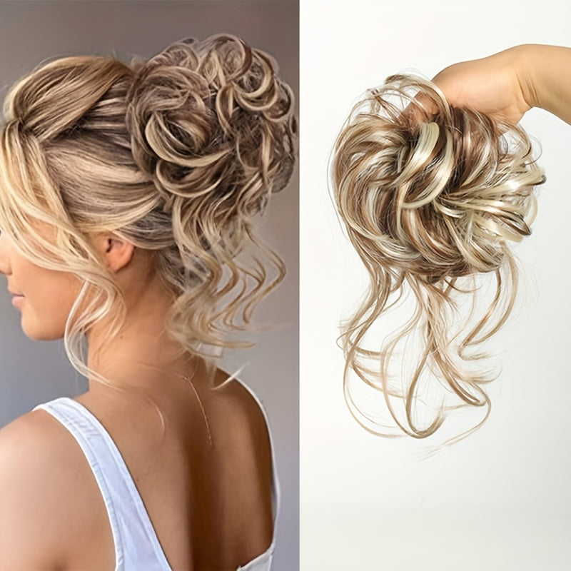 Women's Synthetic Curly Wavy Hair Bun Scrunchie in Dark Brown and Blonde