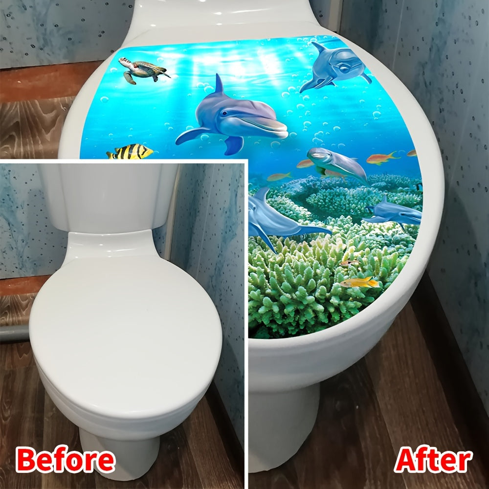 Cartoon Shark and Turtle Bathroom Sticker Matte Finish Self-Adhesive Toilet Lid Decal
