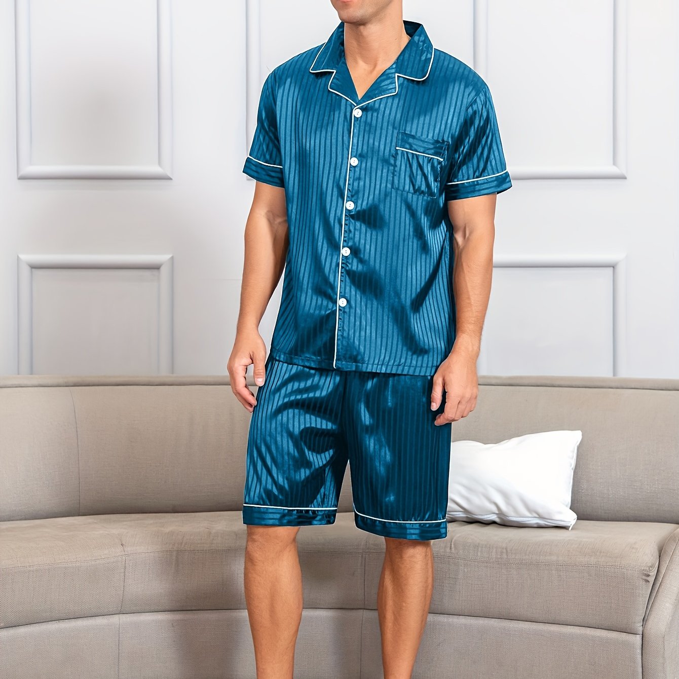 Men's Reversible Collar Summer Pajama Set with Silky Breathable Fabric