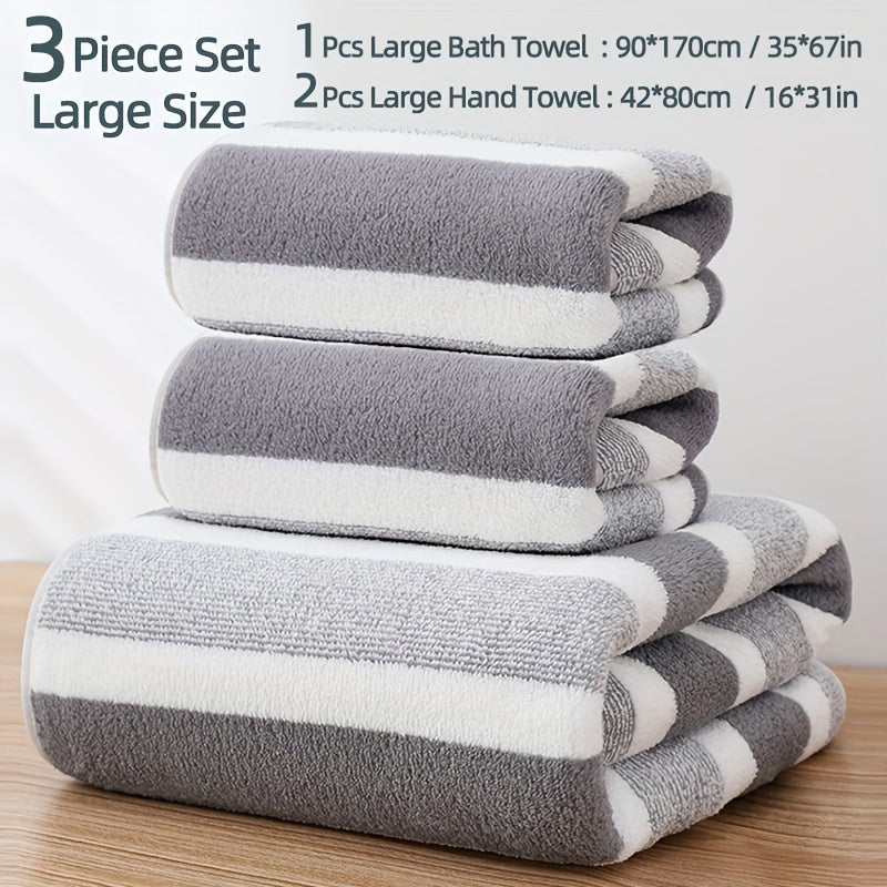 3-Piece Striped Towel Set Bath and Hand Towels Soft Absorbent Quick-Drying