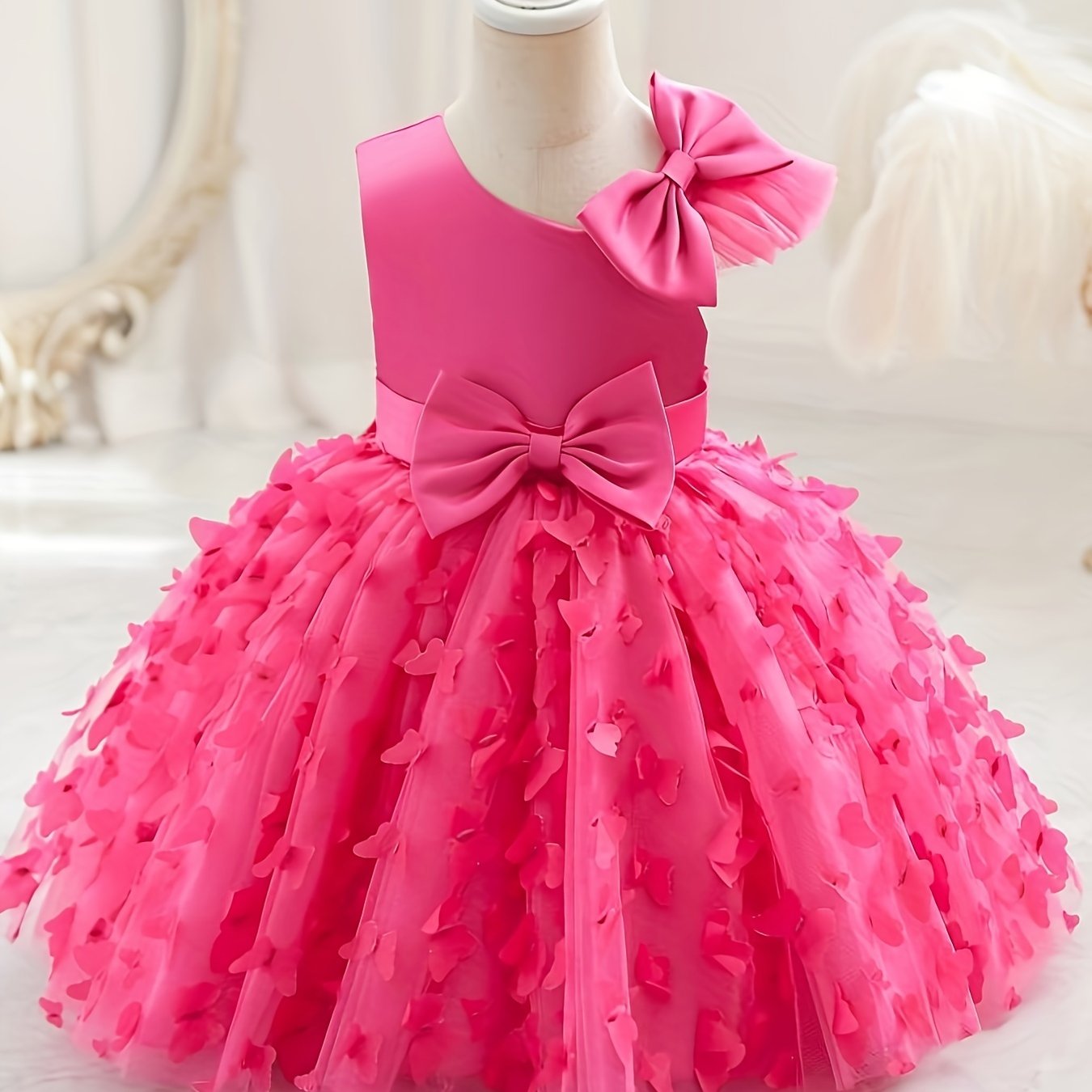Girls Toddler Princess Dress Butterfly Design with Bow Belt Flutter Mesh Sleeves for Parties and Birthdays