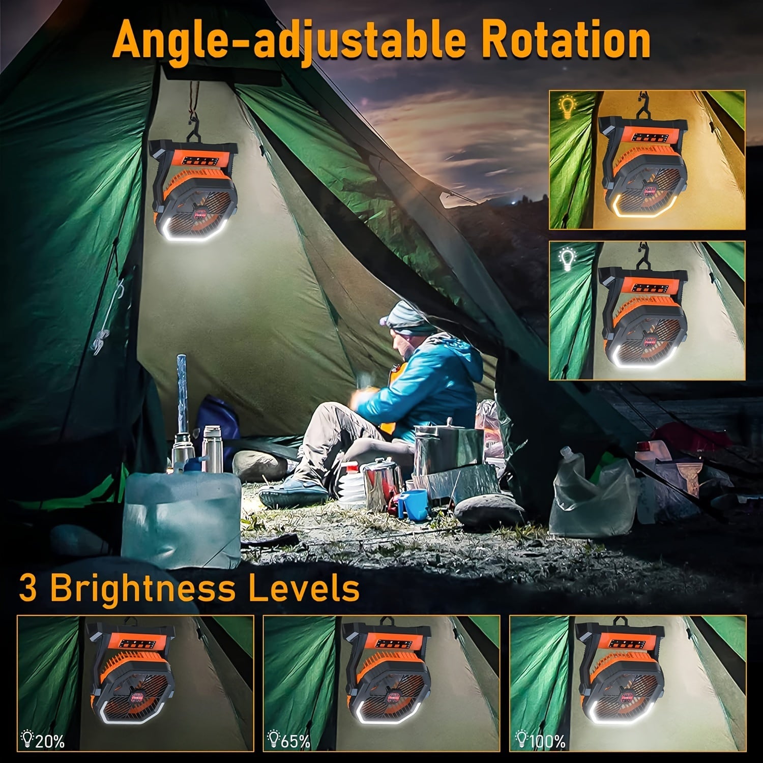 Qayta to'ldiriladigan batareyali portativ lager fan, 4 tezlik, chiroq, diffuzor