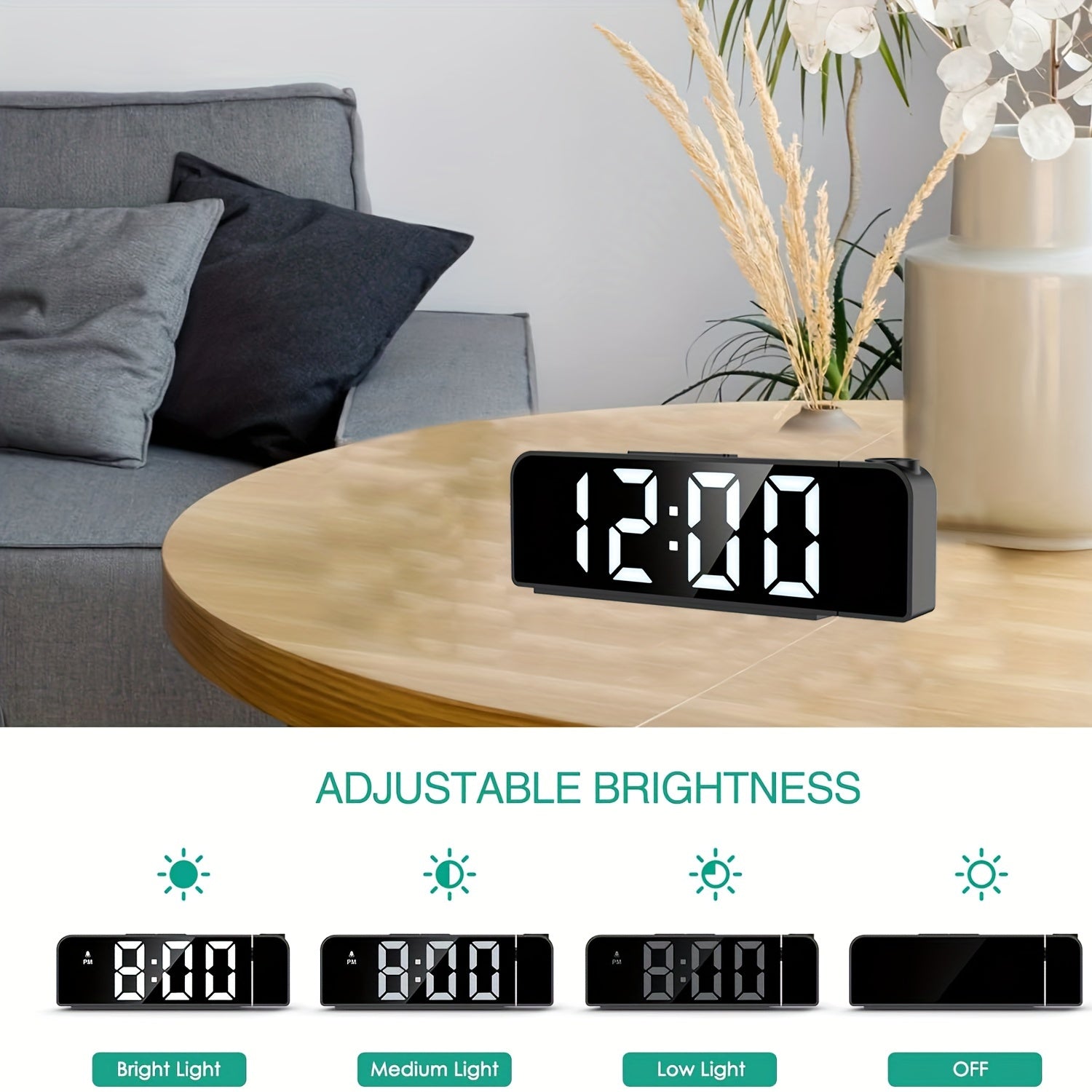 LED Projection Alarm Clock with 180° Rotatable Projector Adjustable Brightness Temperature Display USB Powered for Bedroom or Home Office