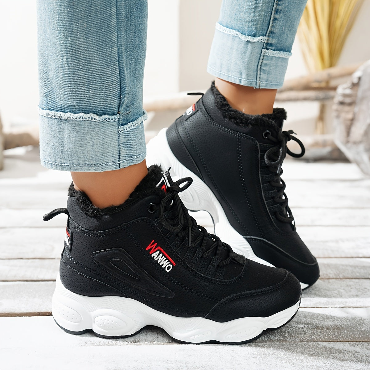 Women's Beige Fleece-Lined Platform Ankle Boots with Lace-Up Closure