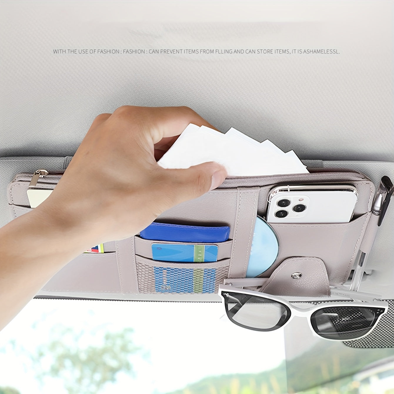 Car Visor Organizer with Multiple Compartments for Glasses Phones Wallets and Cards Gray PU Leather