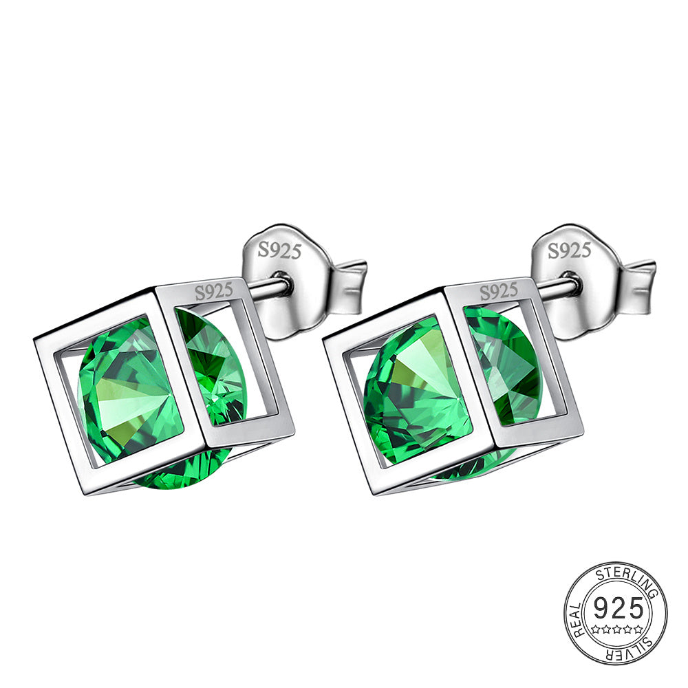Small 3D Cube Birthstone Stud Earrings for Women Sterling Silver Minimalist Birthday Gift