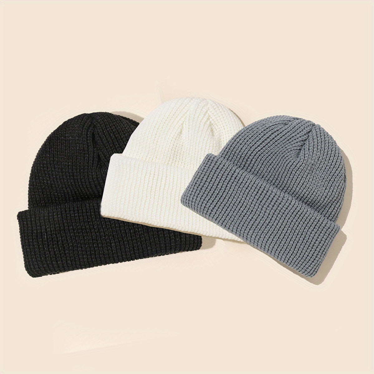 Conjunto de 3 gorros de punto con ribete de acrílico en negro, blanco y gris, unisex