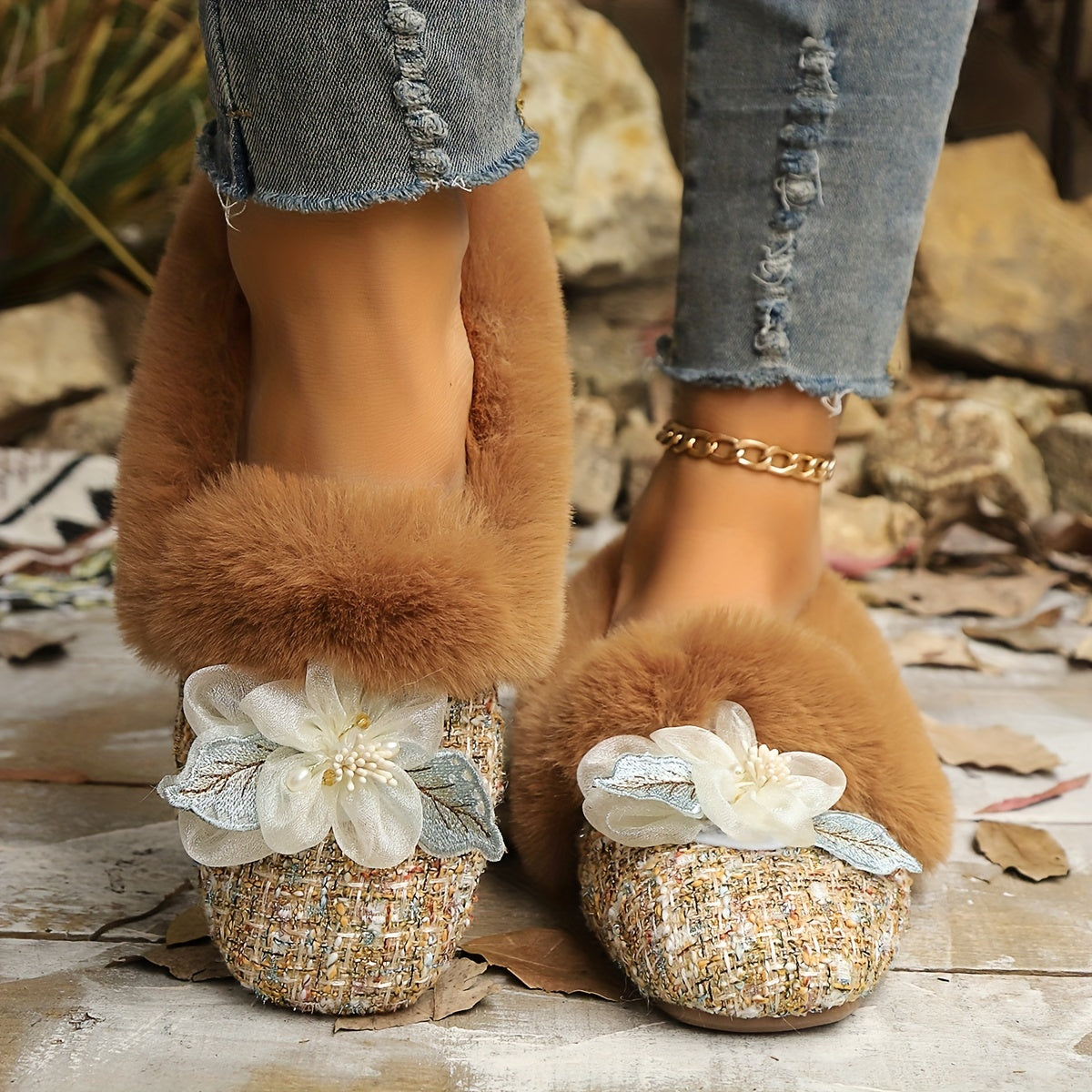 Women's Fleece-Lined Slip-On Flats with Bowknot Square Toe Indoor Outdoor Shoes