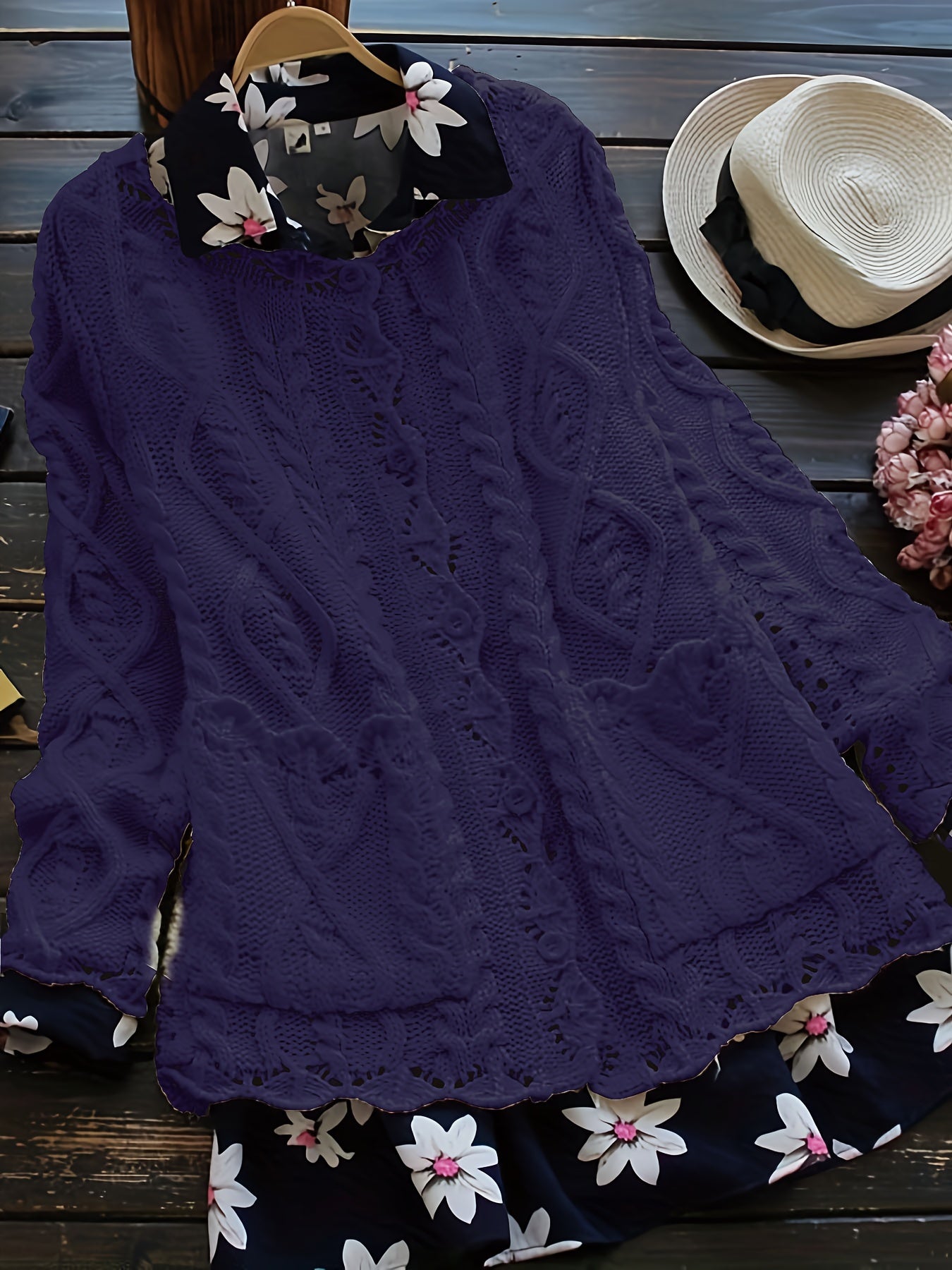 Women's Light Blue Casual Knit Cardigan with Lace Detailing and Round Neck