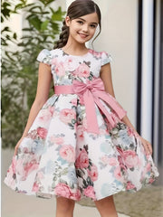 Girls Floral Print Midi Dress with Bowknot and Lace-up Details for Elegant Kids