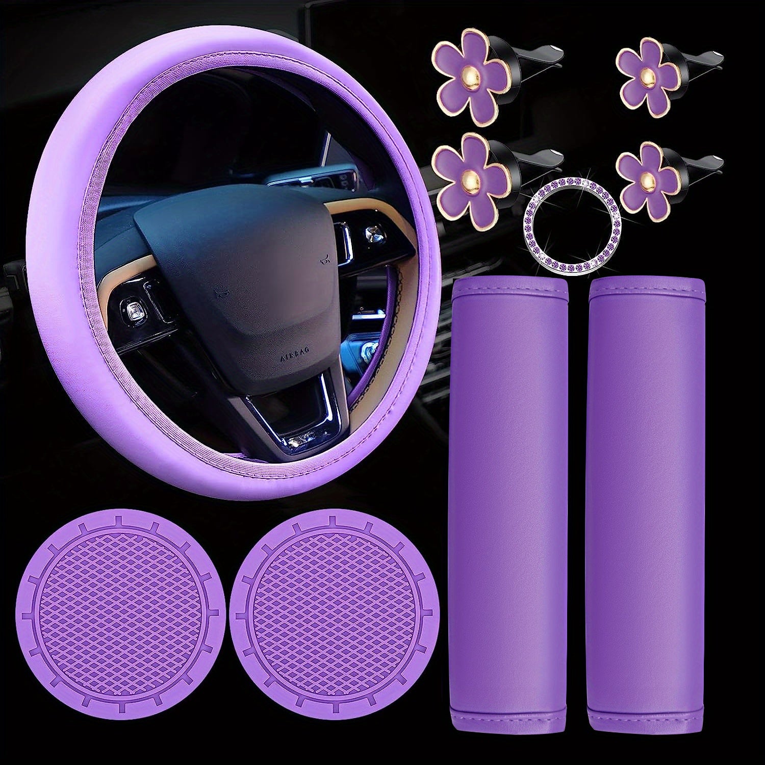 Conjunto de fundas de volante de cuero rosa para mujeres con fundas para cinturón de seguridad y bling