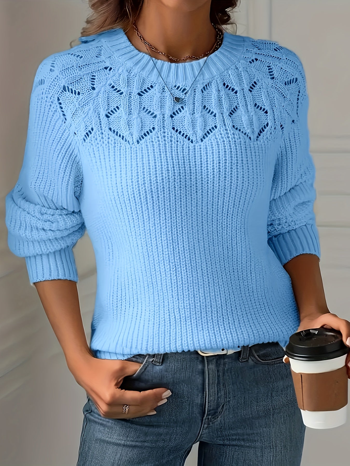 Ayollar uchun trikotaj kofta, uzun qoʻl, Raglan bo‘shliq, elastik, ochiq naqsh