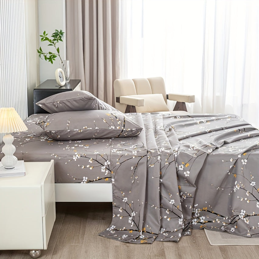 Floral Branch Microfiber Fitted Sheet Set with Deep Pockets and Pillowcases