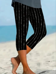 Women's Polyester Capri Leggings with Elastic Waistband Black and White Dot